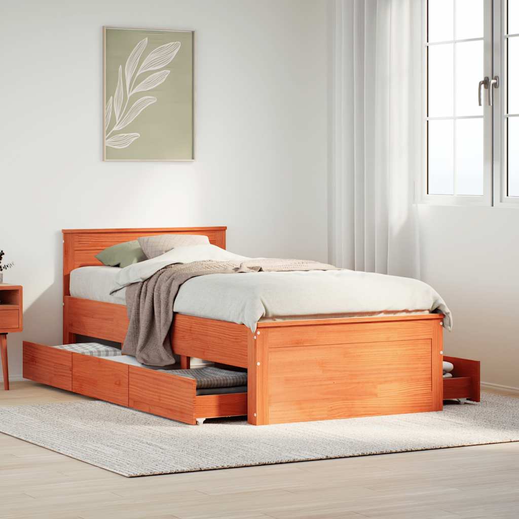 vidaXL Bed Frame without Mattress with Headboard Wax Brown 90x190 cm Single Solid Wood Pine 1