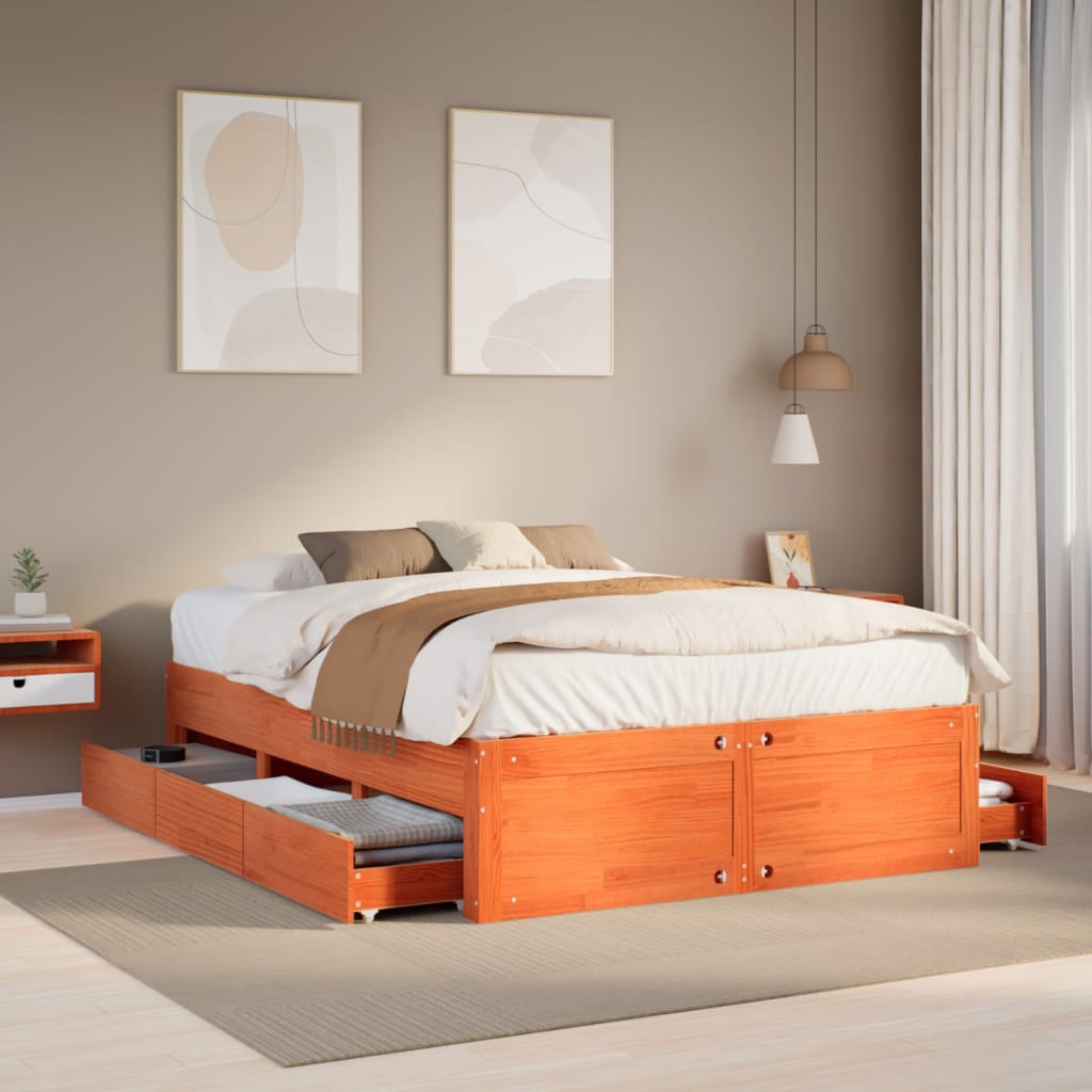 vidaXL Bed Frame without Mattress with Drawers Wax Brown 140x200 cm 1