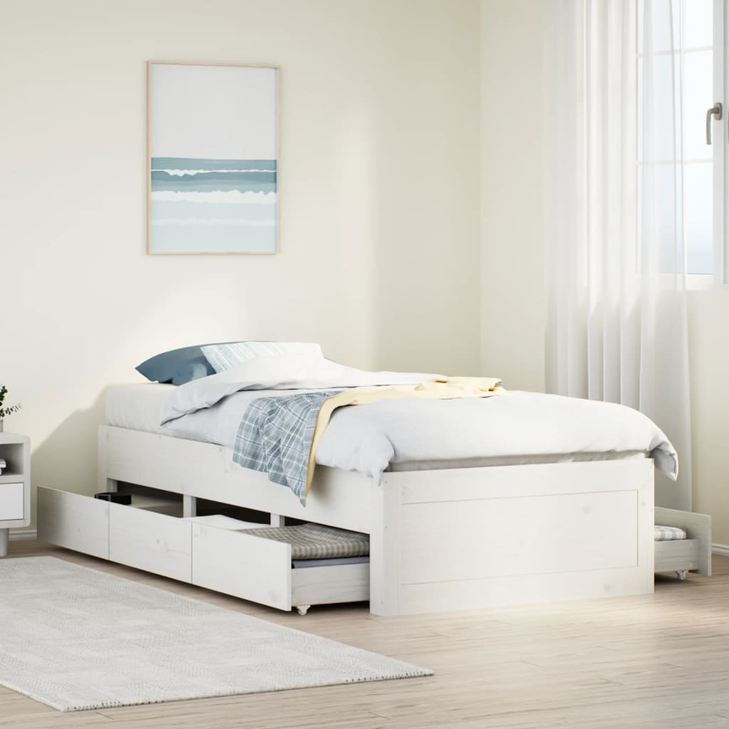 vidaXL Bed Frame without Mattress with Drawers White 90x200 cm Solid Wood Pine 1
