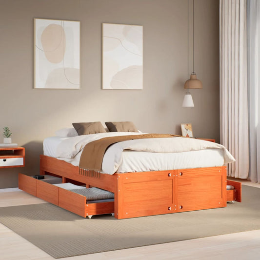vidaXL Bed Frame without Mattress with Drawers Wax Brown 135x190 cm Solid Wood Pine 1