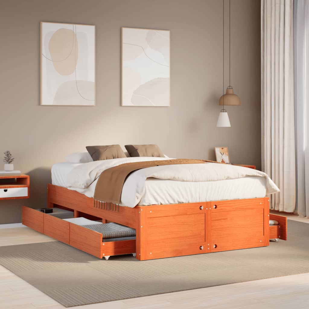 vidaXL Bed Frame without Mattress with Drawers Wax Brown 120x190 cm Small Double Solid Wood Pine 1