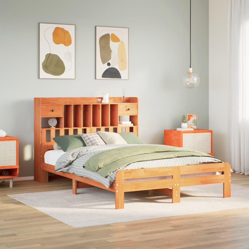 vidaXL Bookcase Bed without Mattress Wax Brown 150x200 cm King Size Solid Wood Pine 1