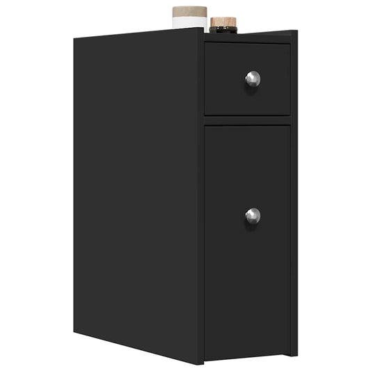 Narrow Bathroom Cupboard with Wheels Engineered Wood Black