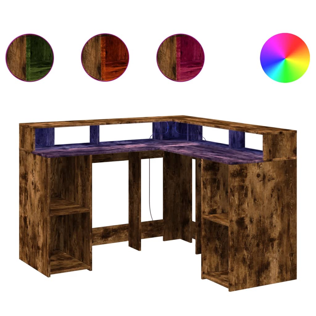 vidaXL Desk with LED Lights Smoked Oak 130x130x91 cm Engineered Wood 2