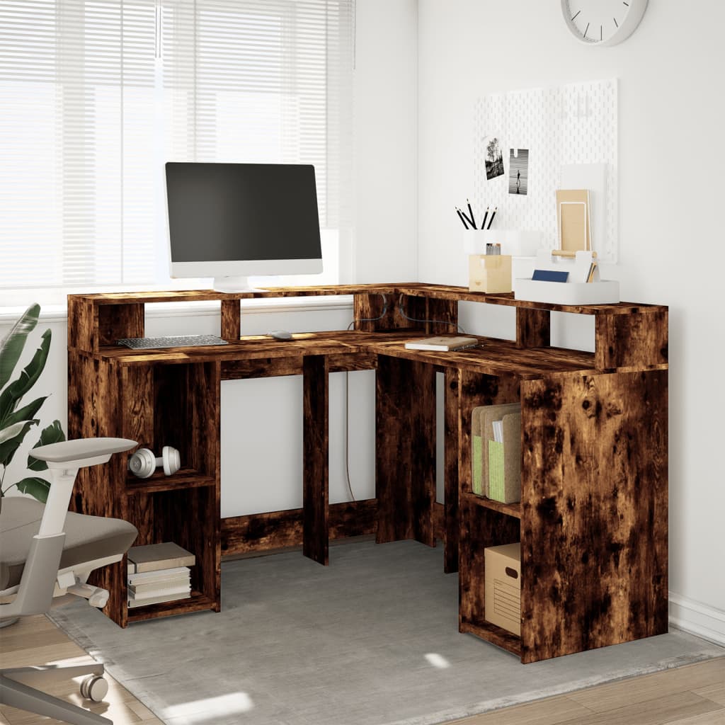 vidaXL Desk with LED Lights Smoked Oak 130x130x91 cm Engineered Wood 3