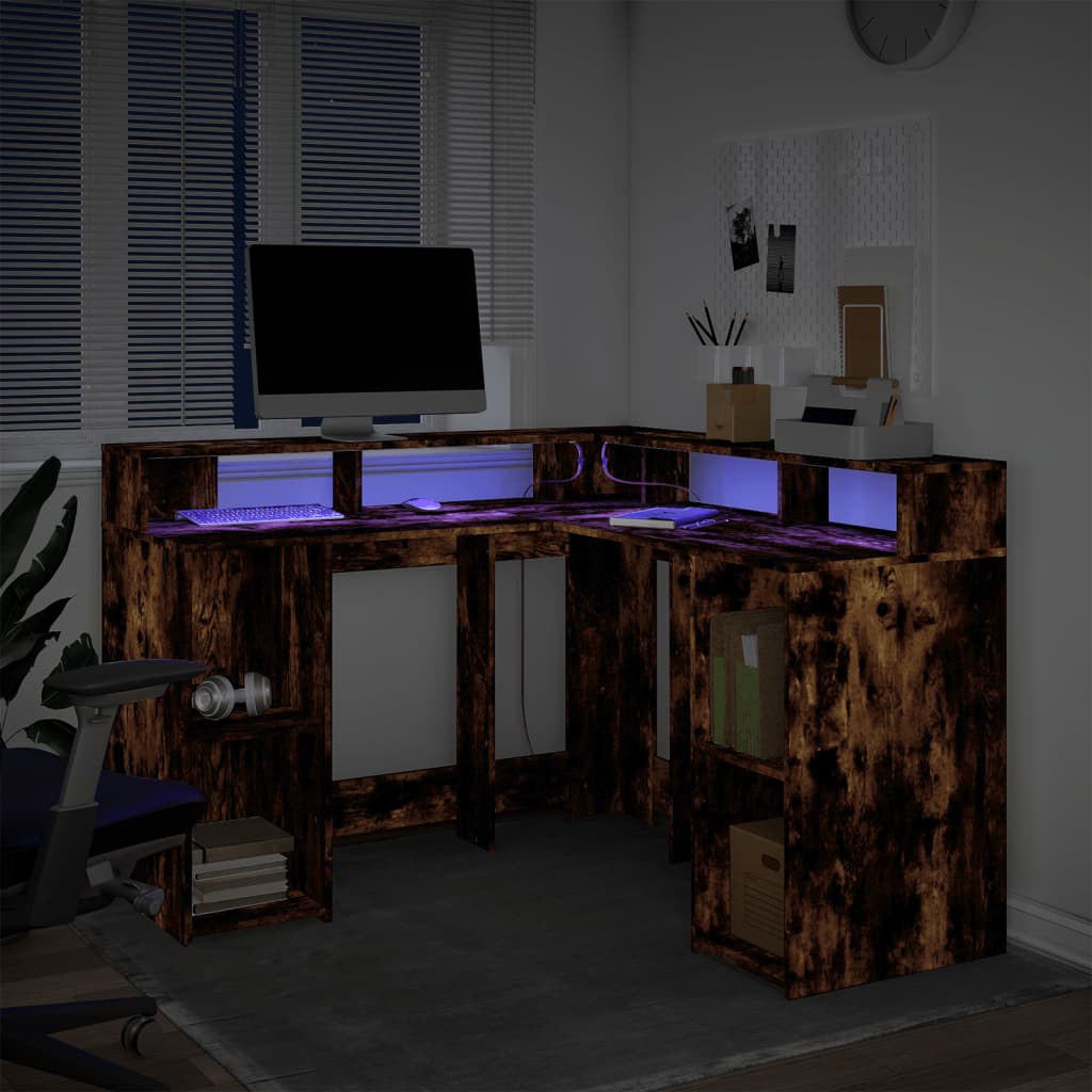 vidaXL Desk with LED Lights Smoked Oak 130x130x91 cm Engineered Wood 4