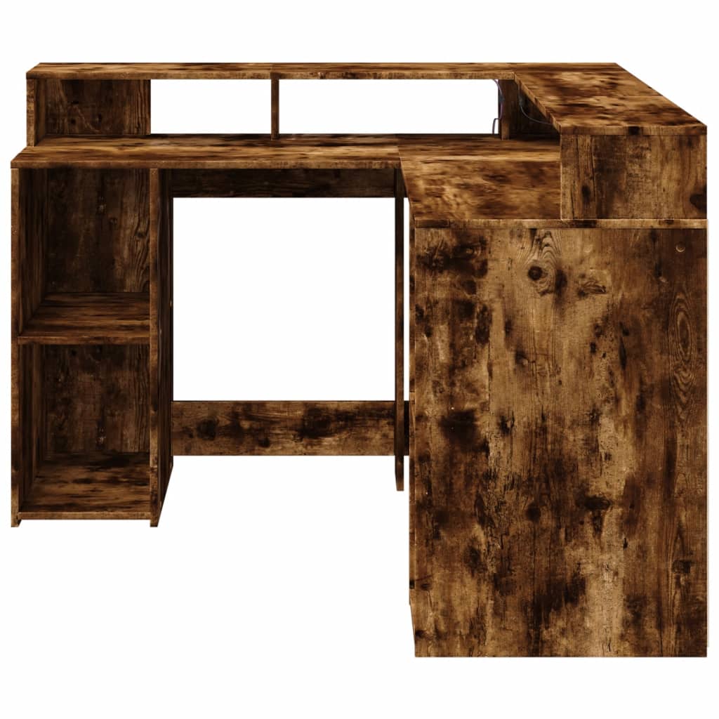 vidaXL Desk with LED Lights Smoked Oak 130x130x91 cm Engineered Wood 6