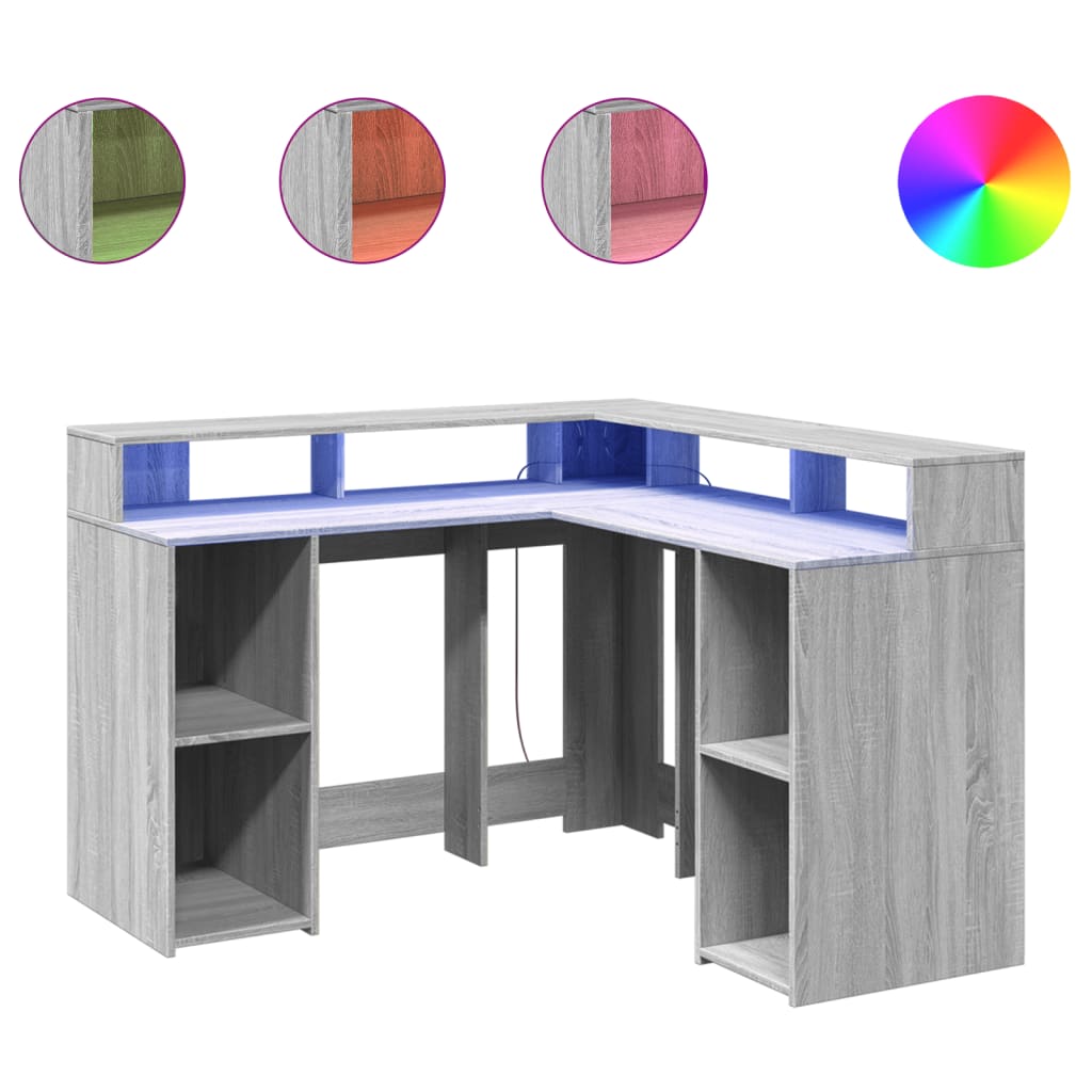 vidaXL Desk with LED Lights Grey Sonoma 130x130x91 cm Engineered Wood 2