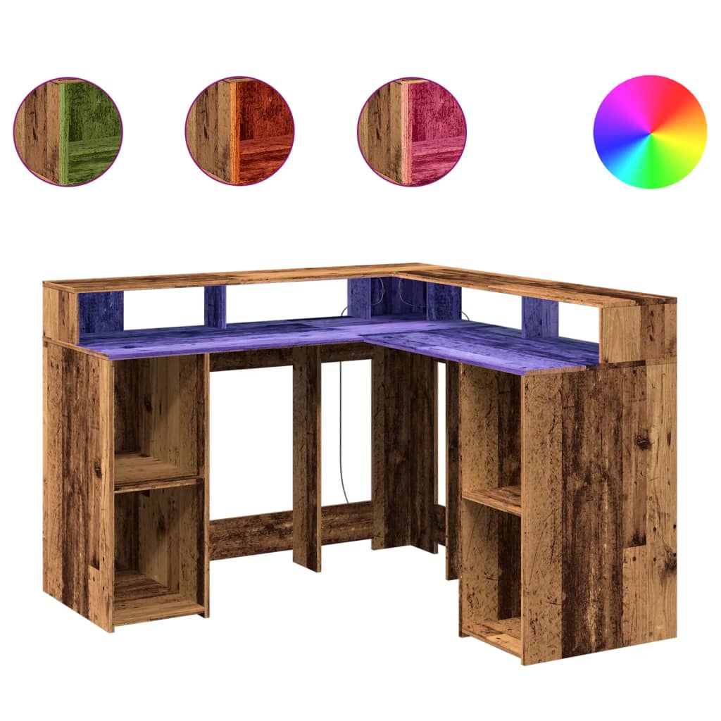 vidaXL Desk with LED Lights Old Wood 130x130x91 cm Engineered Wood 2