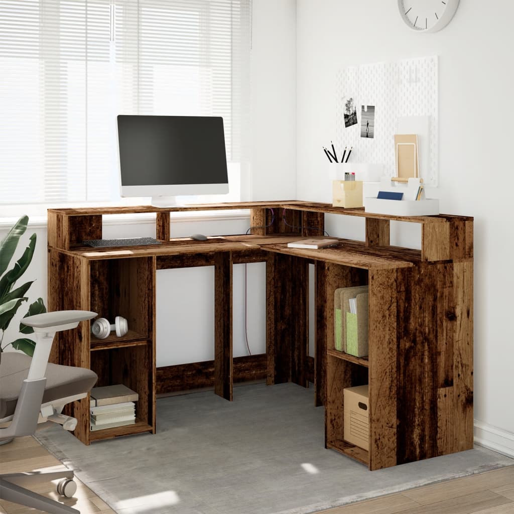 vidaXL Desk with LED Lights Old Wood 130x130x91 cm Engineered Wood 3