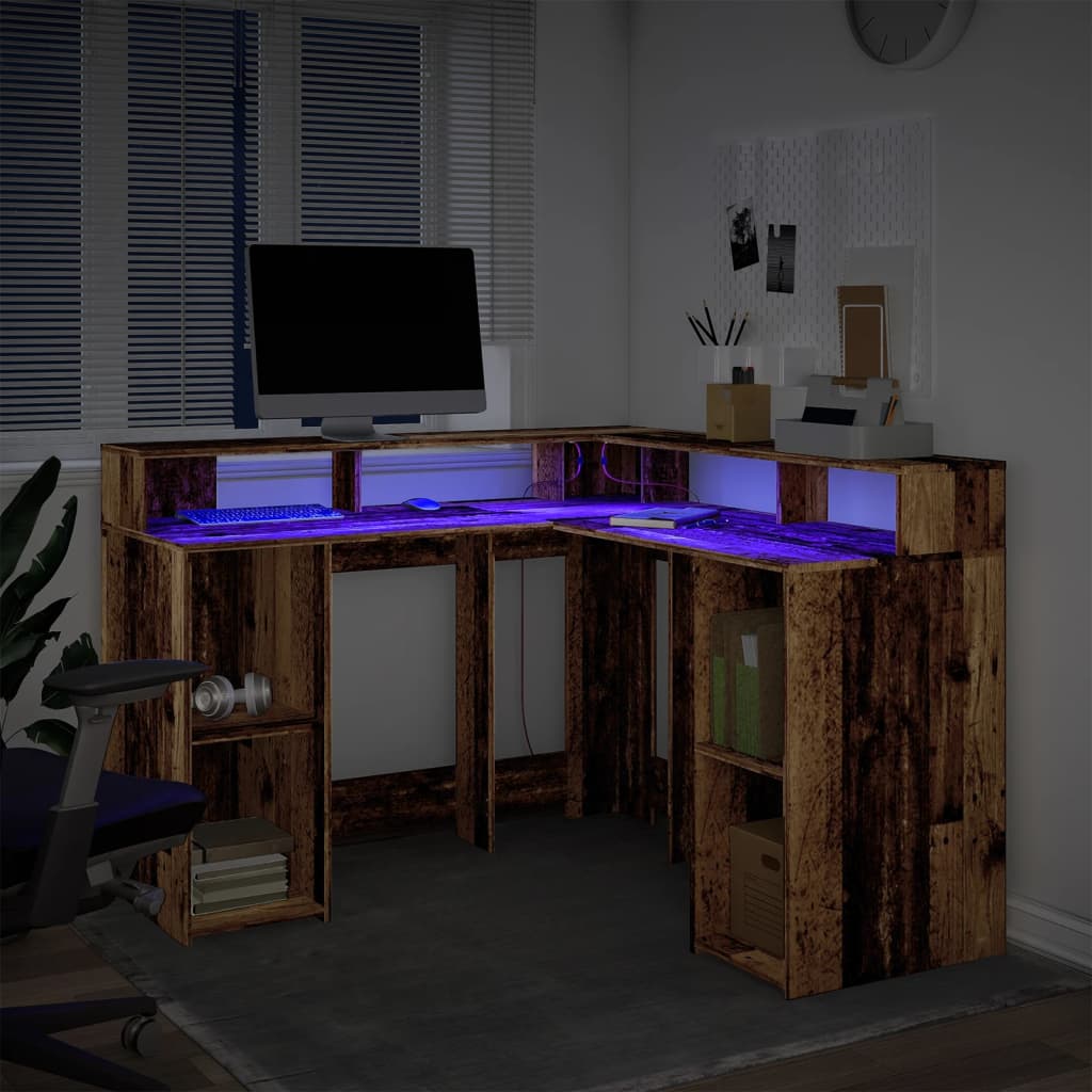 vidaXL Desk with LED Lights Old Wood 130x130x91 cm Engineered Wood 4
