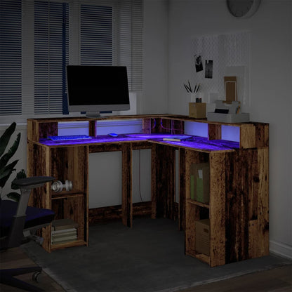 vidaXL Desk with LED Lights Old Wood 130x130x91 cm Engineered Wood 4