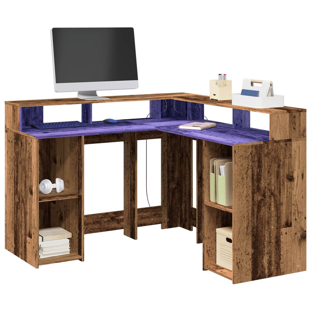 vidaXL Desk with LED Lights Old Wood 130x130x91 cm Engineered Wood 1