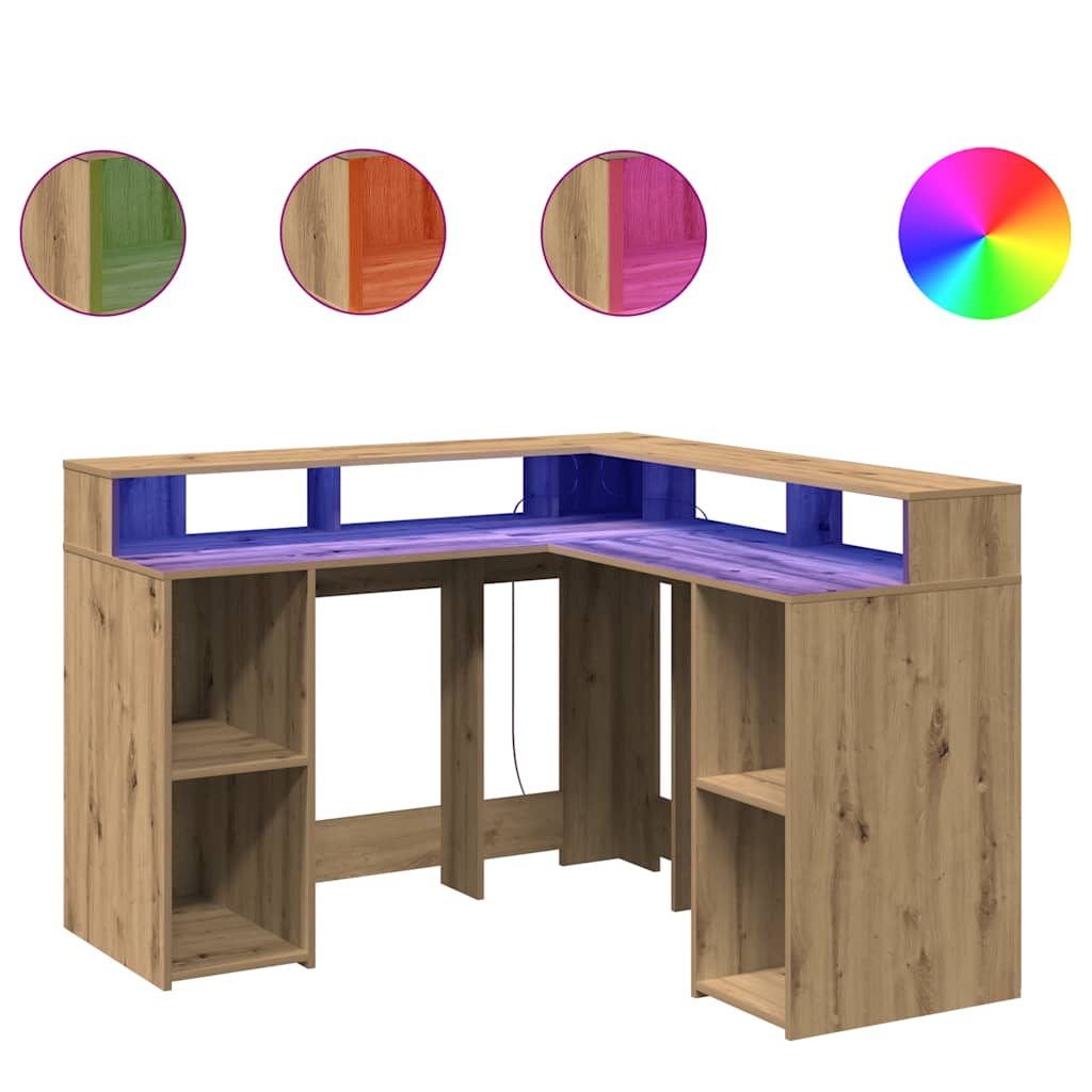 vidaXL Desk with LED Lights Artisian Oak 130x130x91 cm Engineered Wood 2