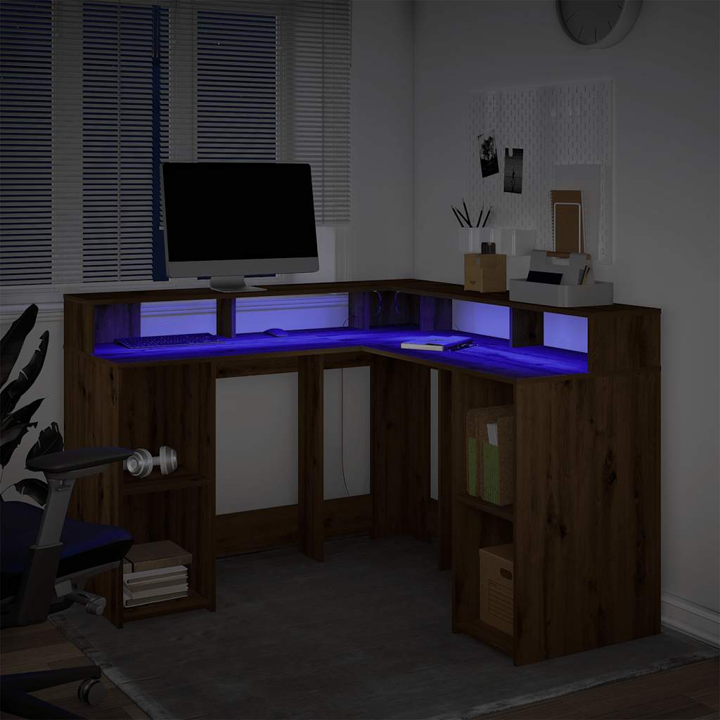 vidaXL Desk with LED Lights Artisian Oak 130x130x91 cm Engineered Wood 3