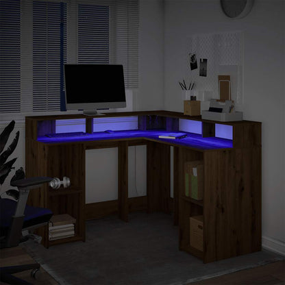 vidaXL Desk with LED Lights Artisian Oak 130x130x91 cm Engineered Wood 3