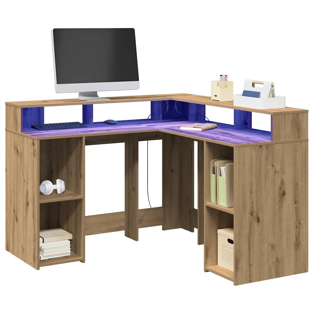 vidaXL Desk with LED Lights Artisian Oak 130x130x91 cm Engineered Wood 4