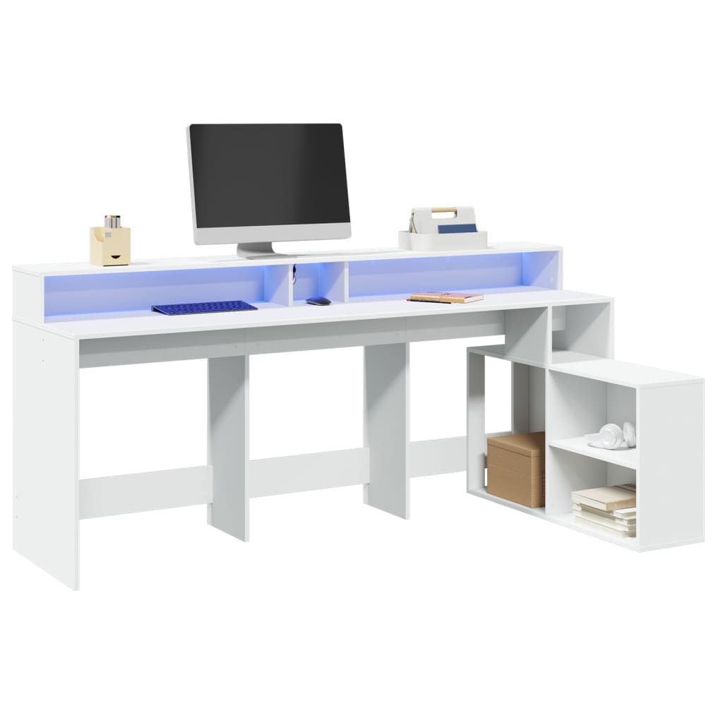 vidaXL Desk with LED Lights White 200x104x91 cm Engineered Wood 1