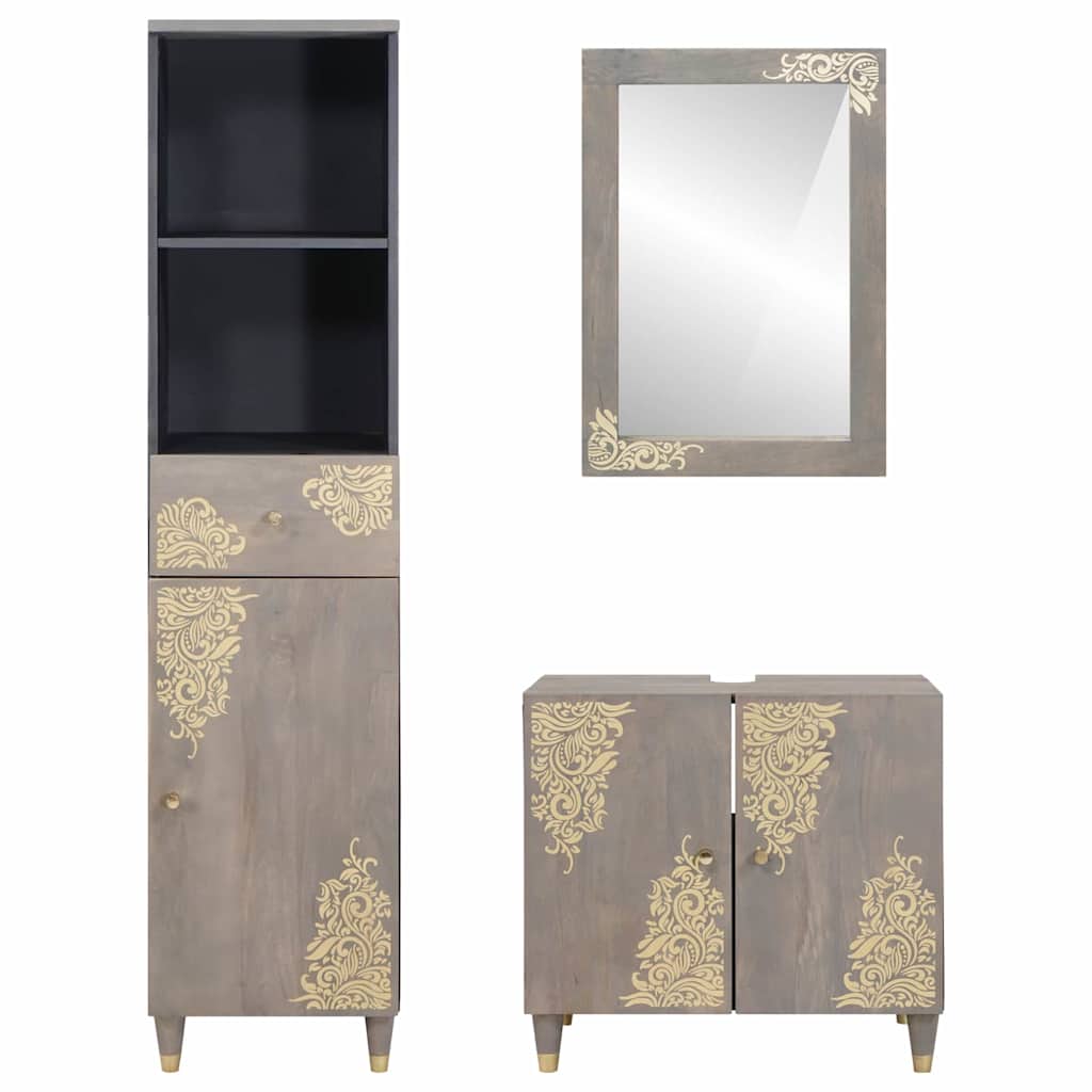 vidaXL Bathroom Cabinet Set 3 pcs Grey Solid Mango Wood 6