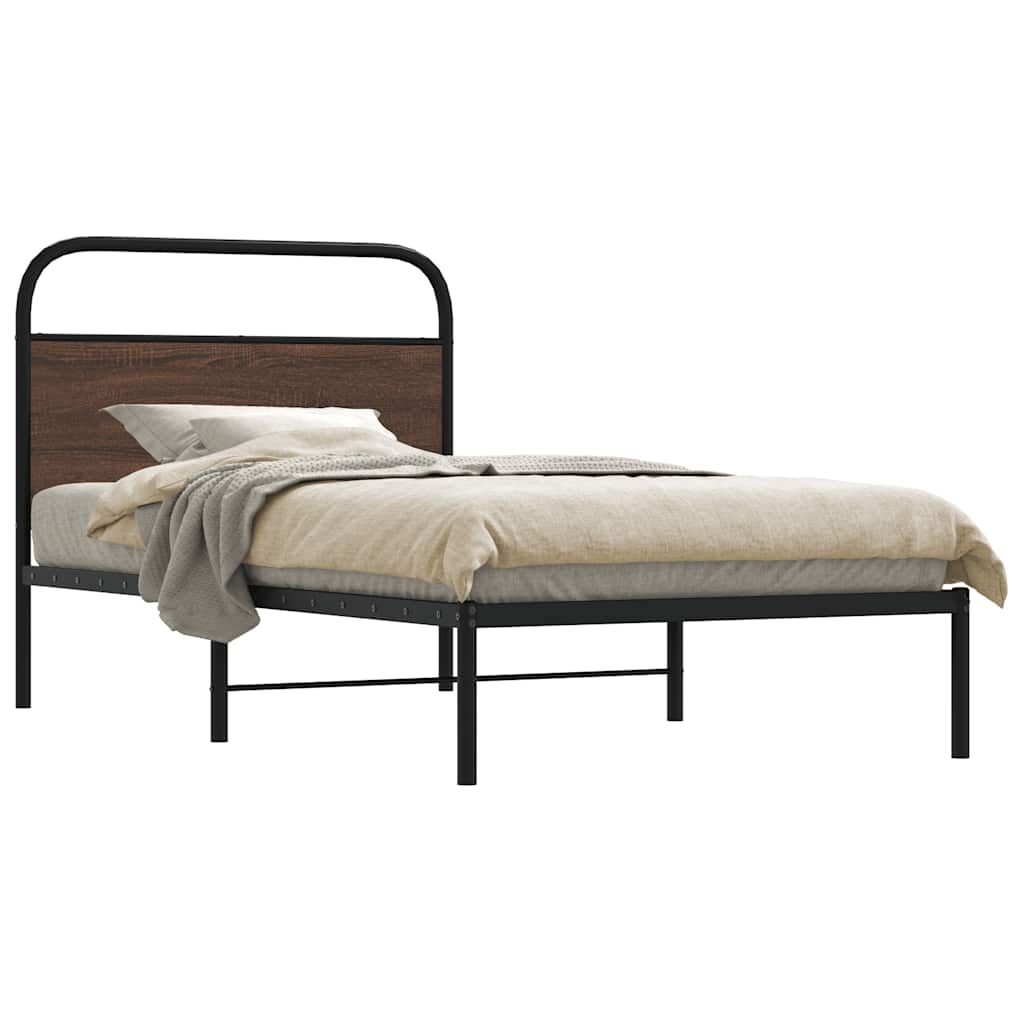 Metal Bed Frame without Mattress Brown Oak Length 203 cm 107 cm With headboard