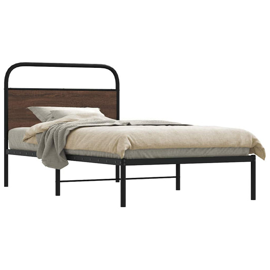 Metal Bed Frame without Mattress Brown Oak Length 203 cm 107 cm With headboard