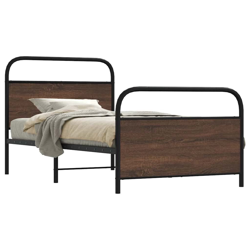 Metal Bed Frame without Mattress Brown Oak Length 203 cm 107 cm With headboard & footboard