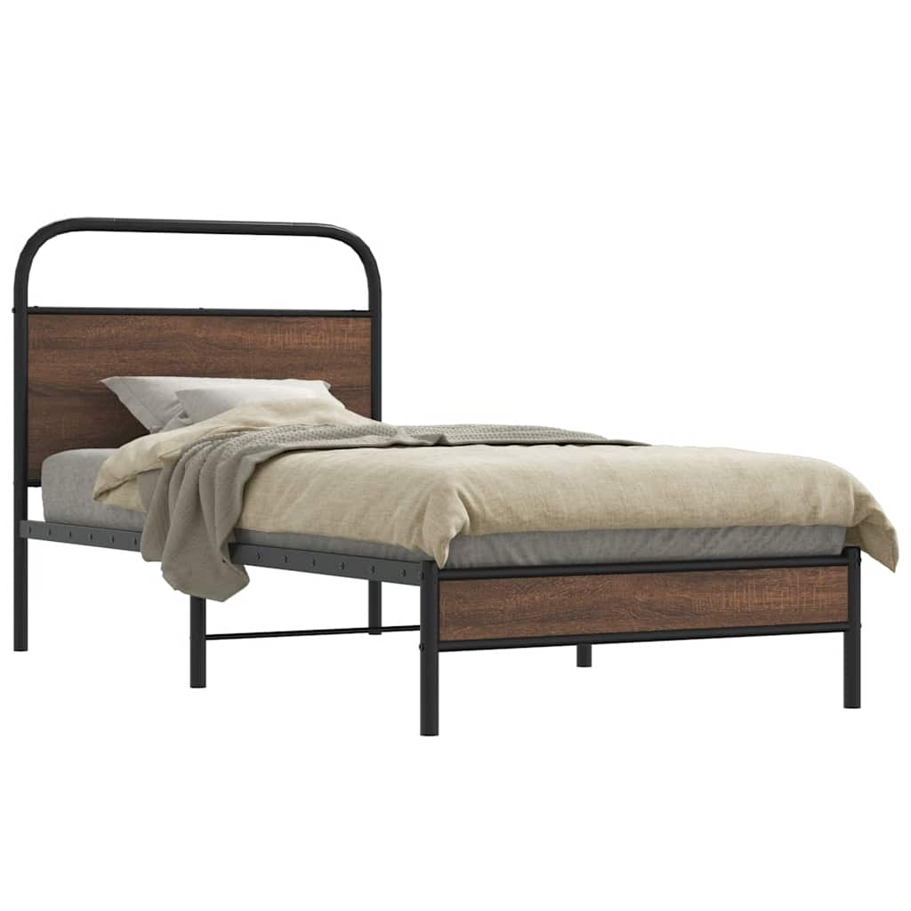 Metal Bed Frame without Mattress Brown Oak Length 203 cm 107 cm With headboard & low footboard