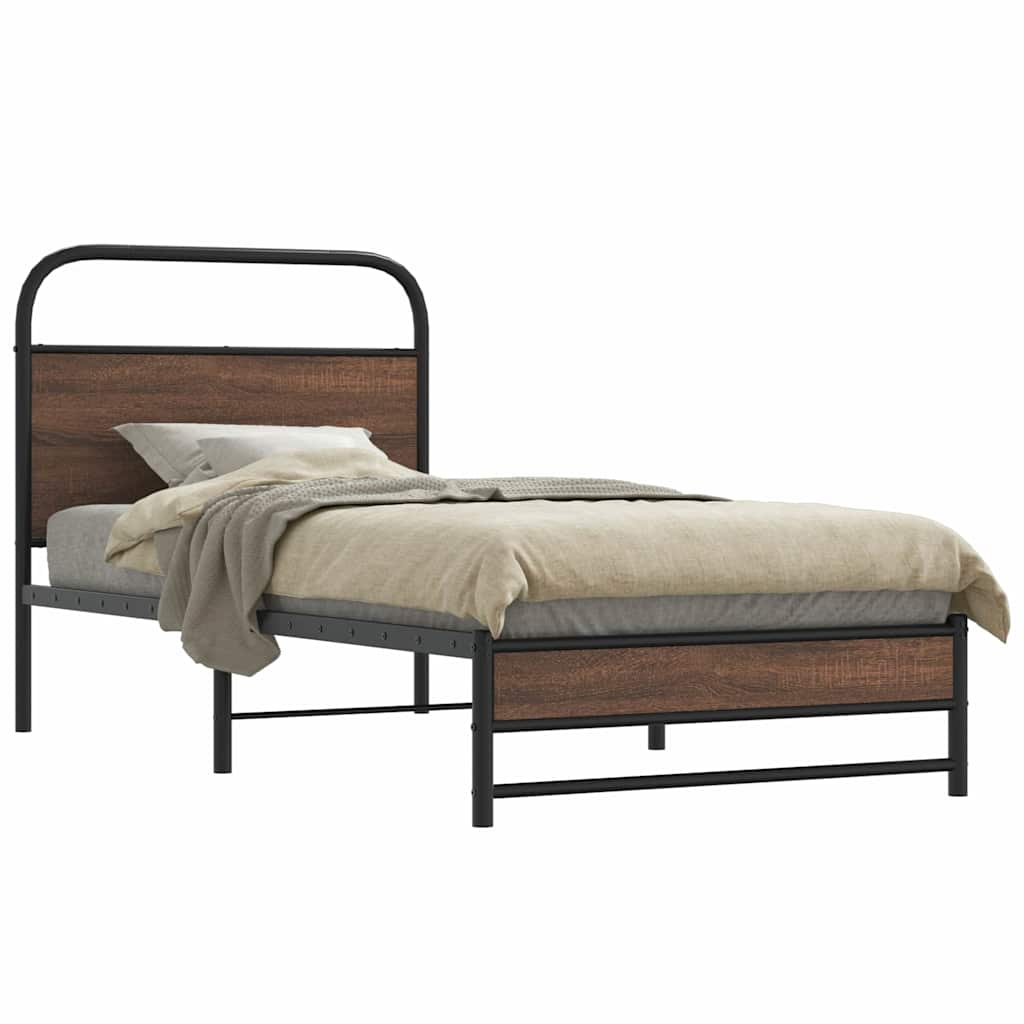Metal Bed Frame without Mattress Brown Oak Length 203 cm 107 cm With headboard & dual low footboard