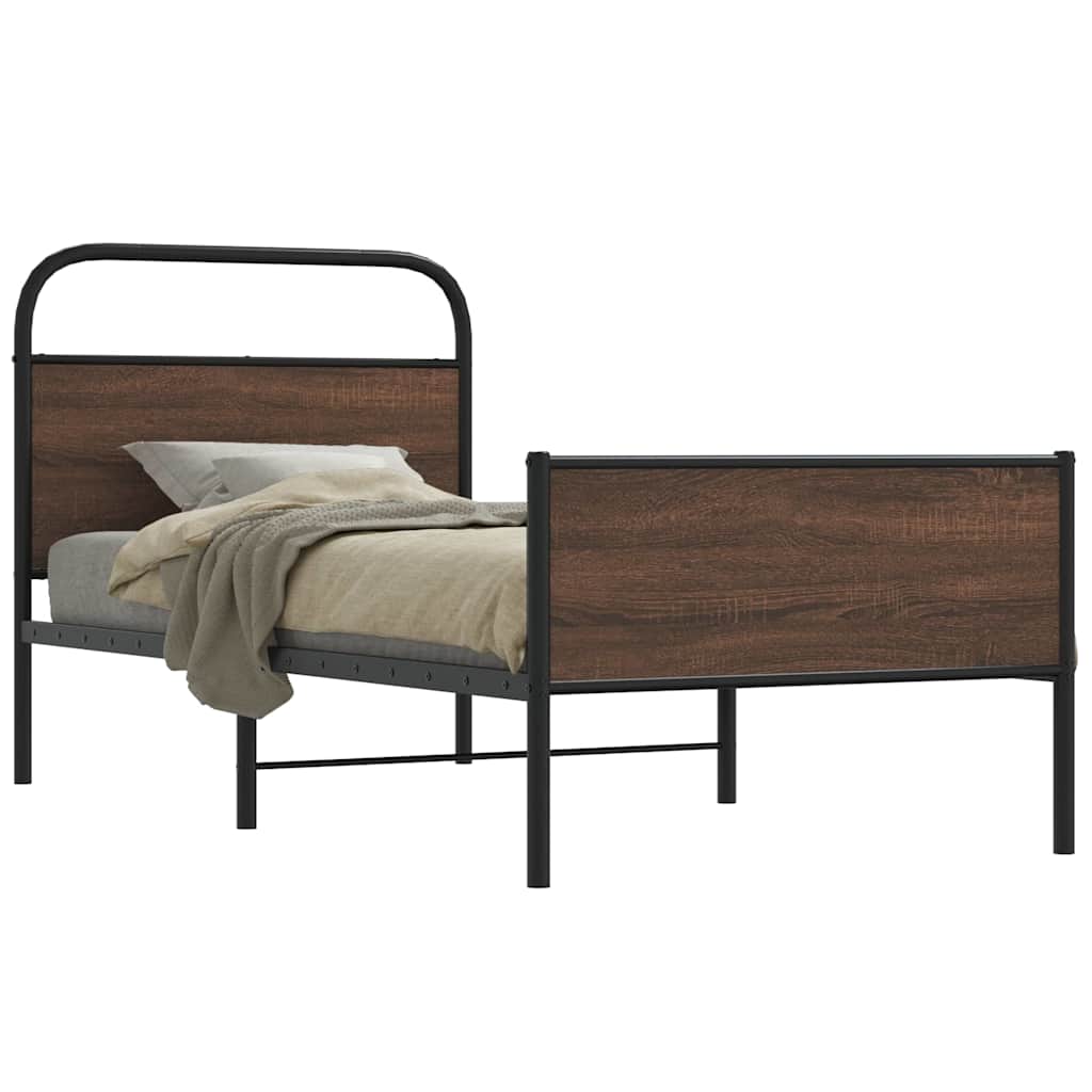 Metal Bed Frame without Mattress Brown Oak Length 203 cm 107 cm With headboard & high footboard