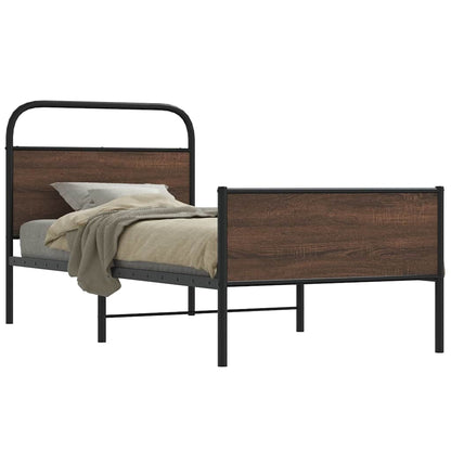 Metal Bed Frame without Mattress Brown Oak Length 203 cm 107 cm With headboard & high footboard