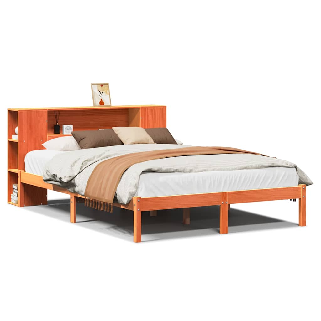 Bookcase Bed without Mattress Solid Wood Pine Wax brown 140 cm