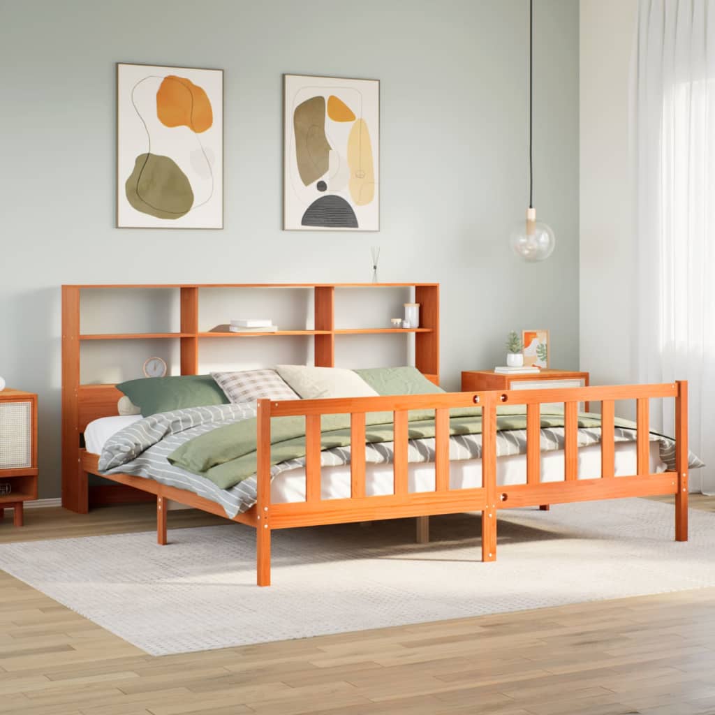 vidaXL Bookcase Bed without Mattress Wax Brown 200x200 cm Solid Wood Pine 1