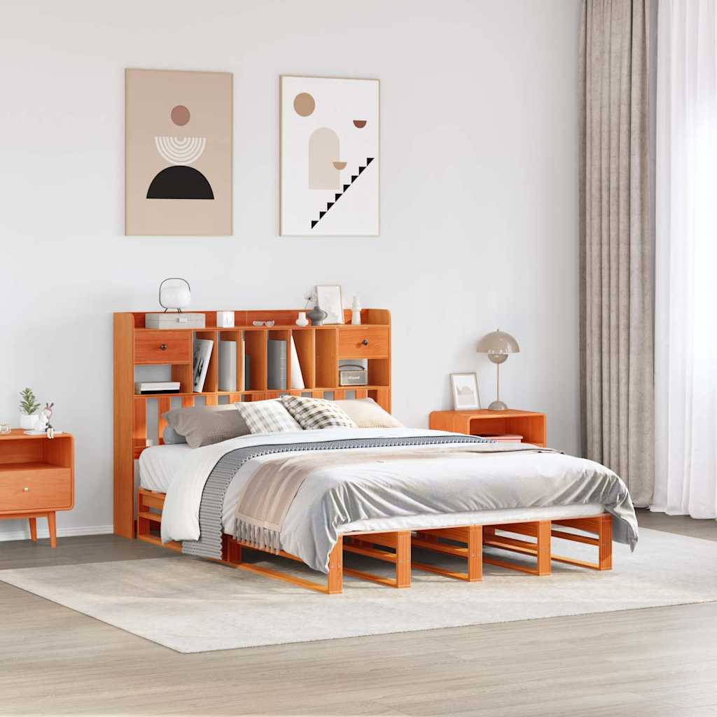 Bookcase Bed without Mattress Solid Wood Pine Wax brown 150 cm 200 cm