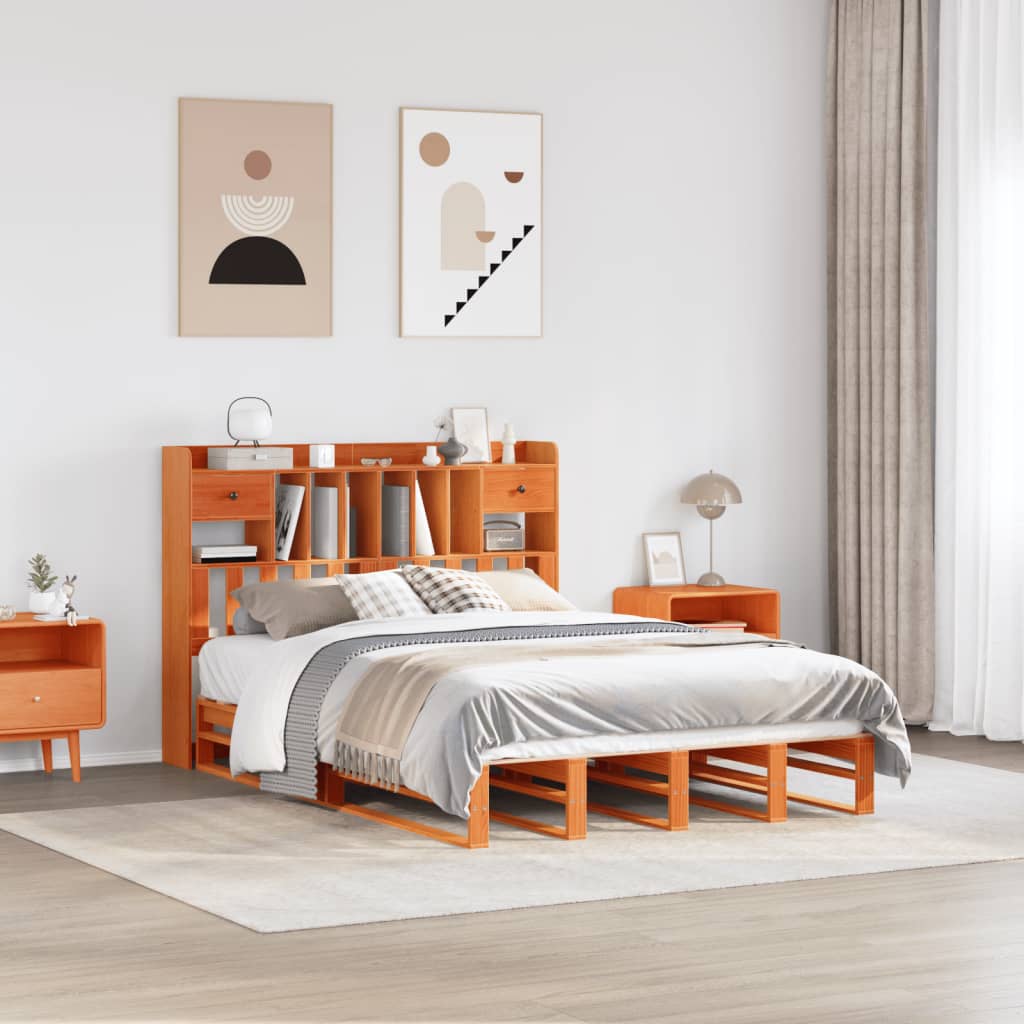 vidaXL Bookcase Bed without Mattress Wax Brown 160x200 cm Solid Wood Pine 1