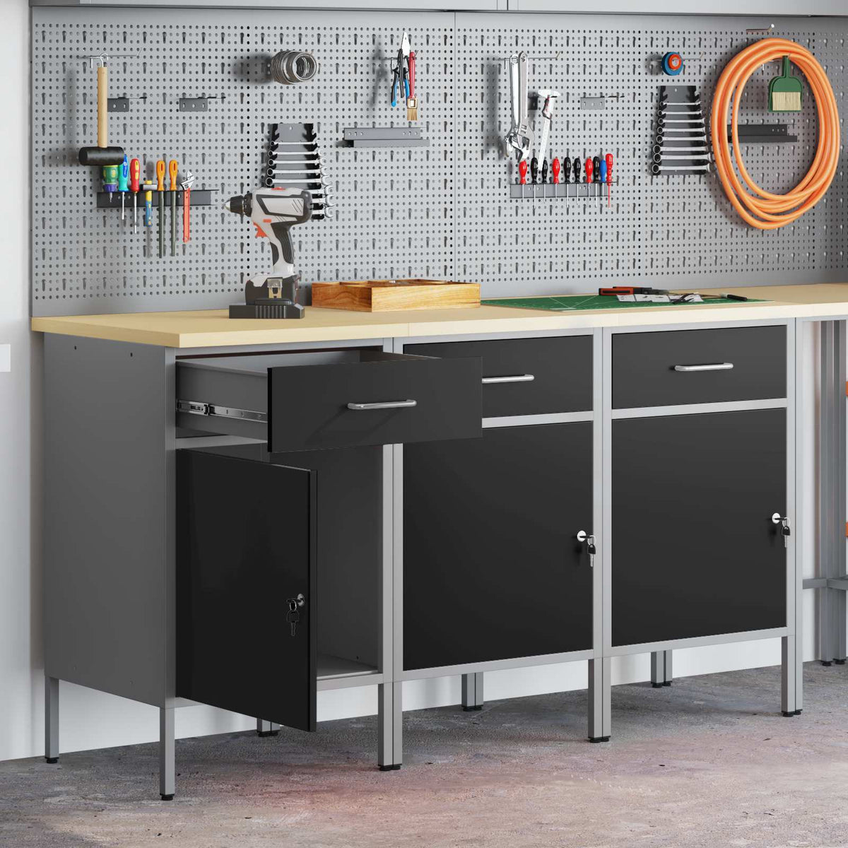 vidaXL Work Cabinet with Drawer 3 pcs Black and Grey 150 x 55 x 85 cm 1