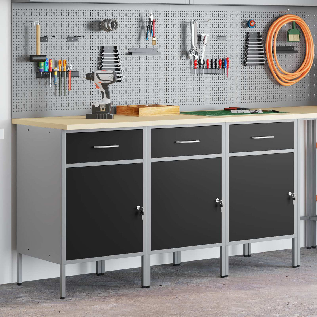 vidaXL Work Cabinet with Drawer 3 pcs Black and Grey 150 x 55 x 85 cm 3