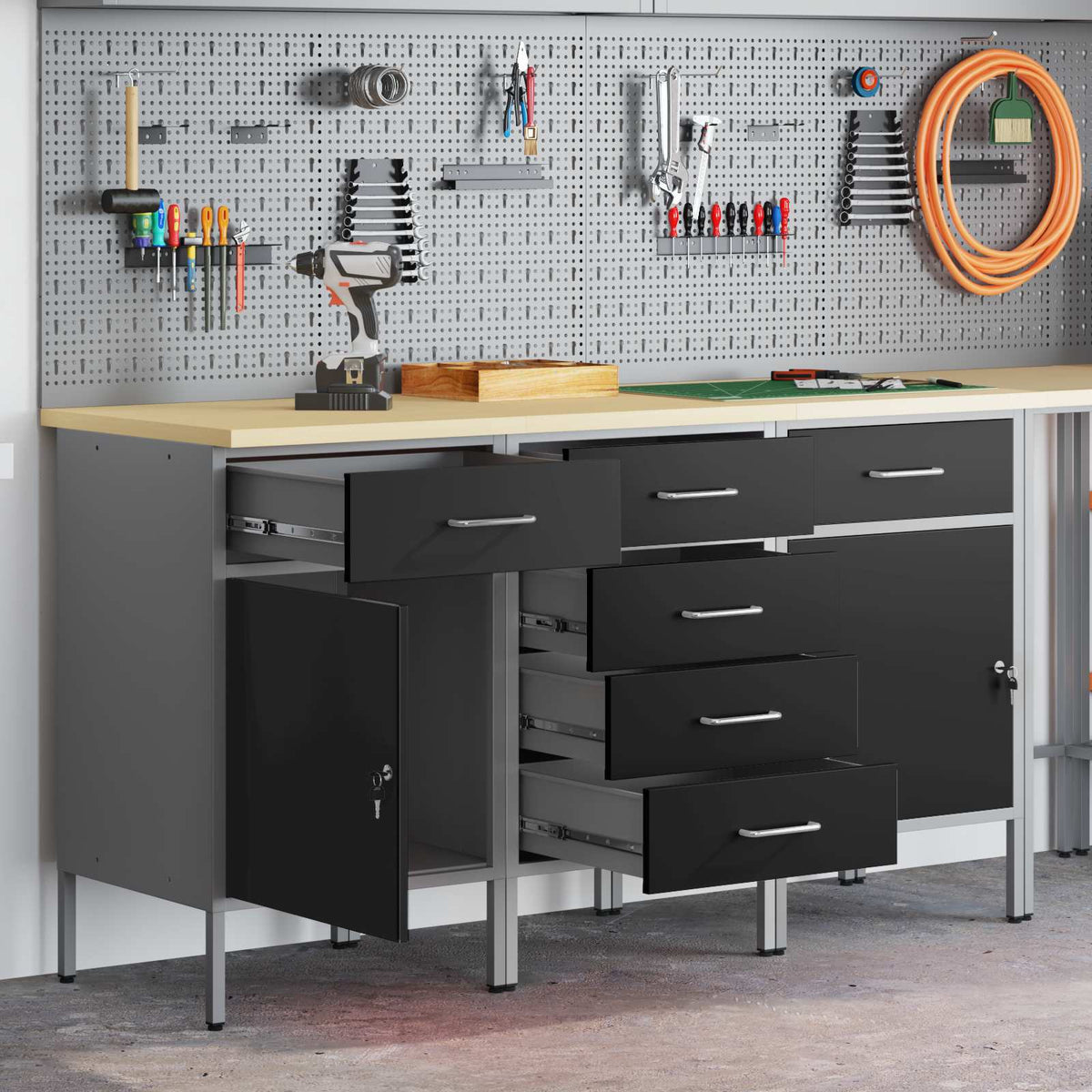 vidaXL Work Cabinet with Drawer 3 pcs Black and Grey 150 x 55 x 85 cm 1