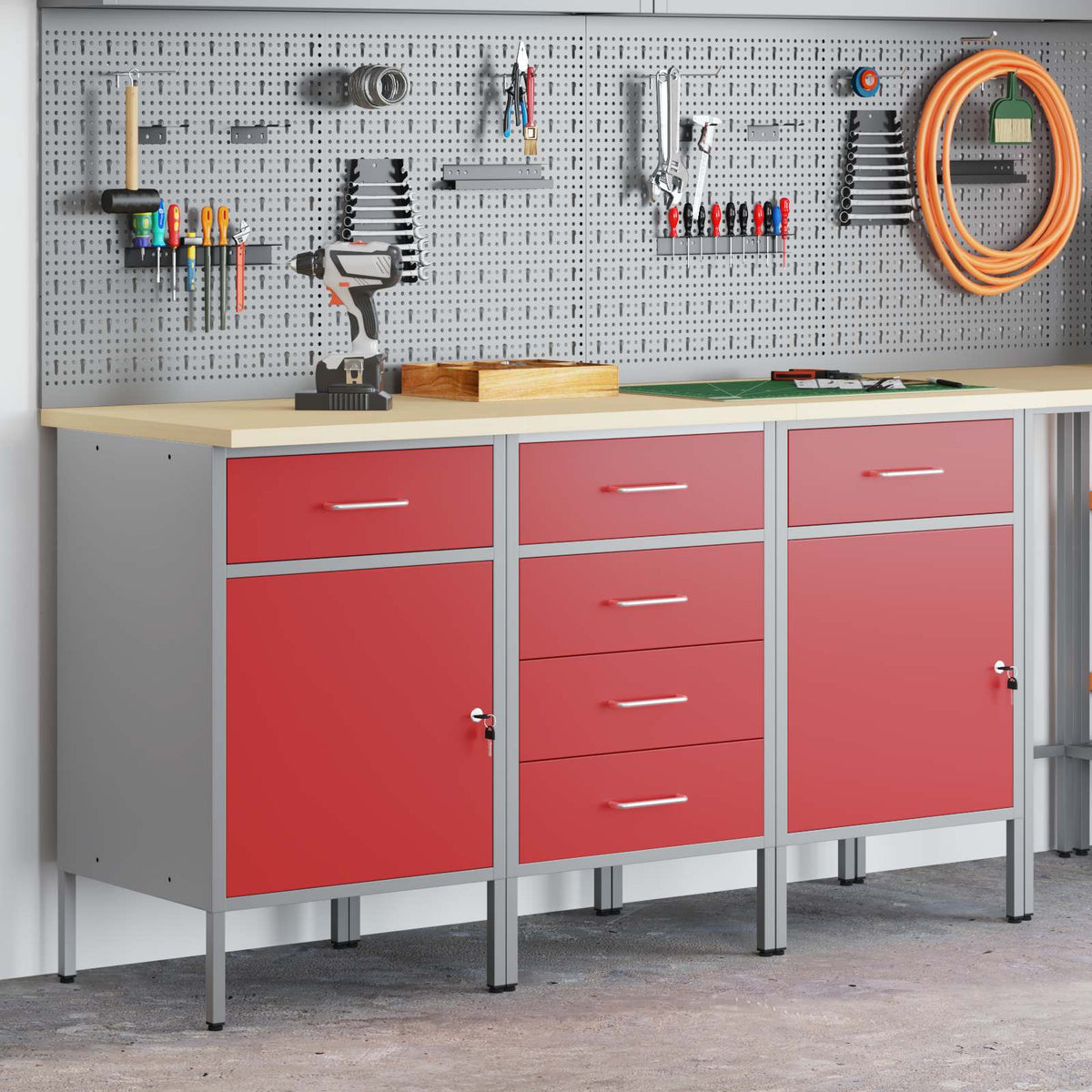 vidaXL Work Cabinet with Drawer 3 pcs Red and Grey 150 x 55 x 85 cm 3