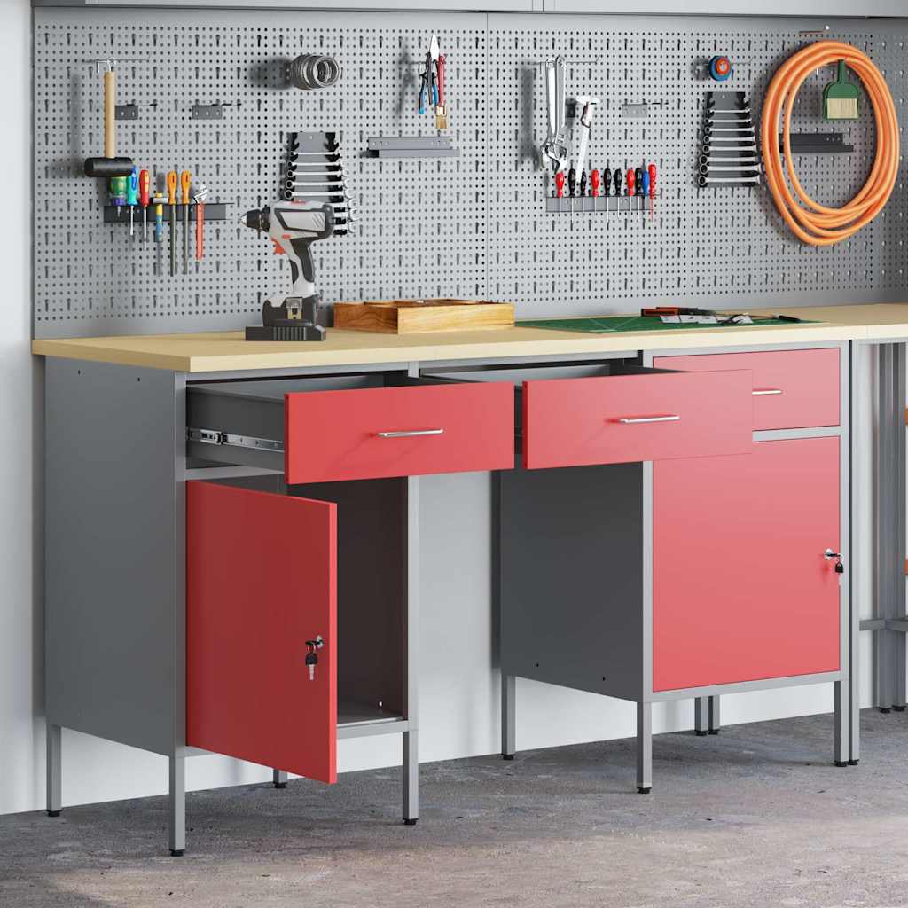 vidaXL Work Cabinet 3 pcs Red and Grey Engineered Wood and Steel 1