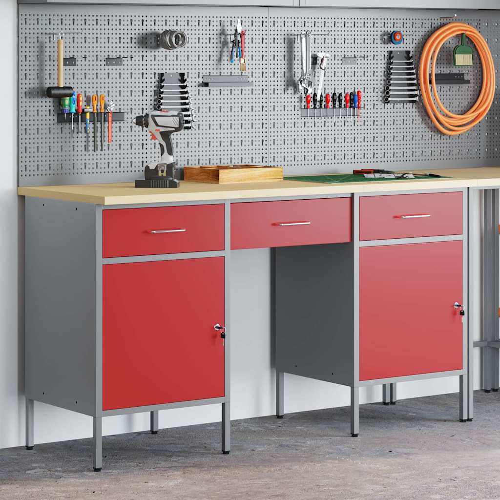 vidaXL Work Cabinet 3 pcs Red and Grey Engineered Wood and Steel 3