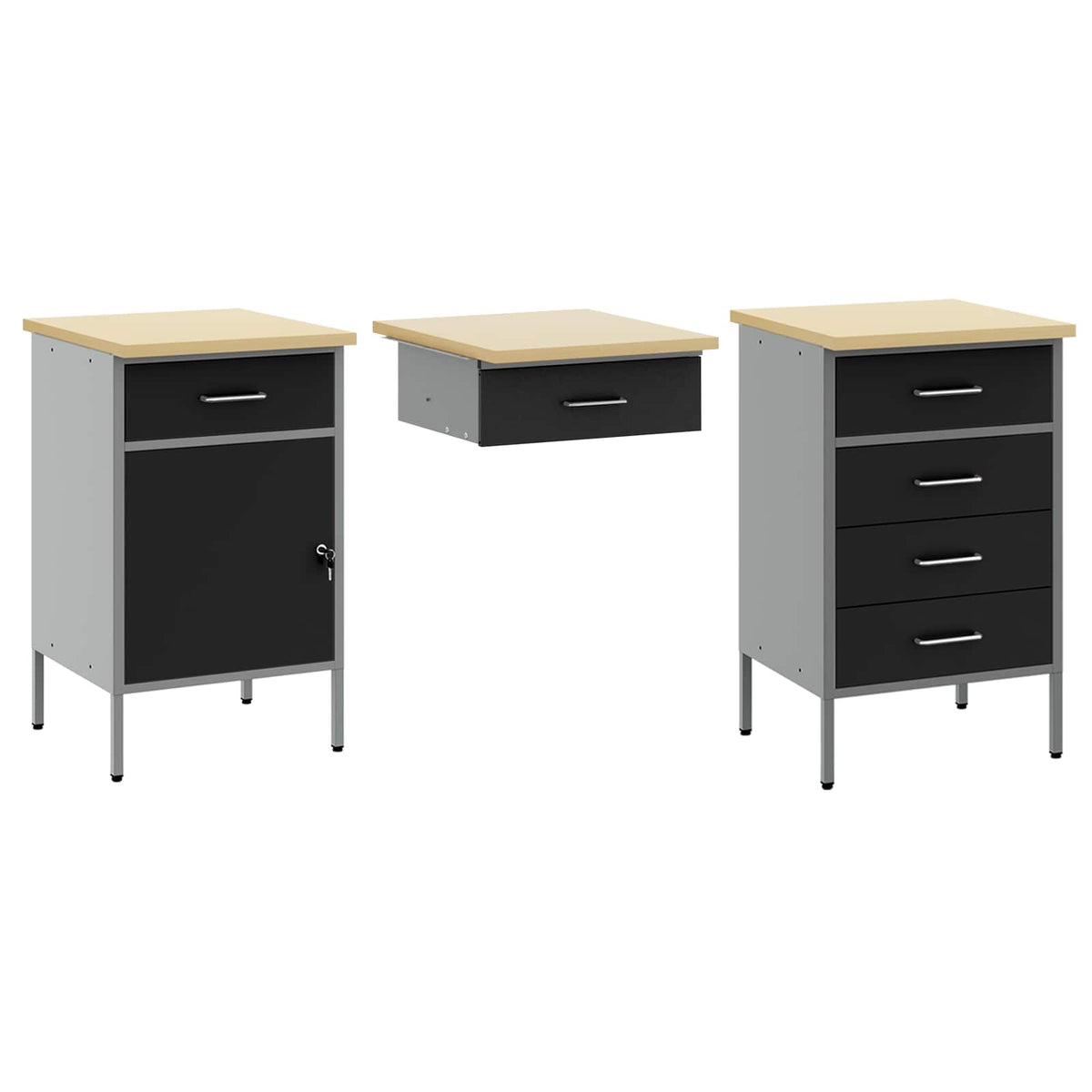 vidaXL Work Cabinet with Drawer 3 pcs Black Engineered Wood and Steel 4