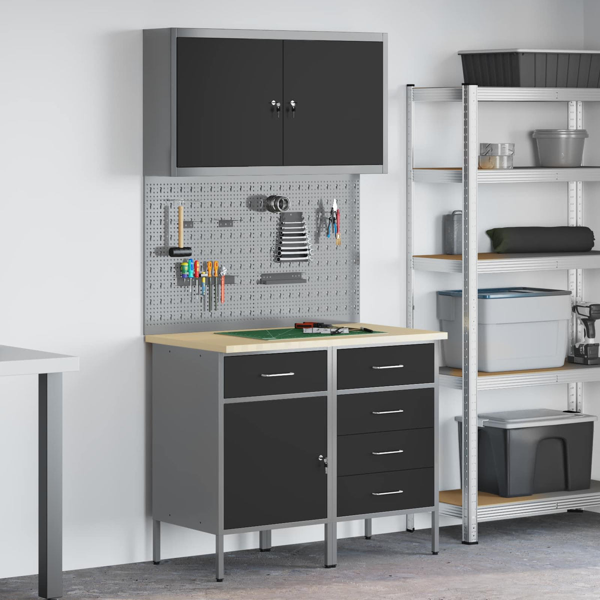 vidaXL Work Cabinet with Drawer 5 pcs Black Engineered Wood and Steel 1