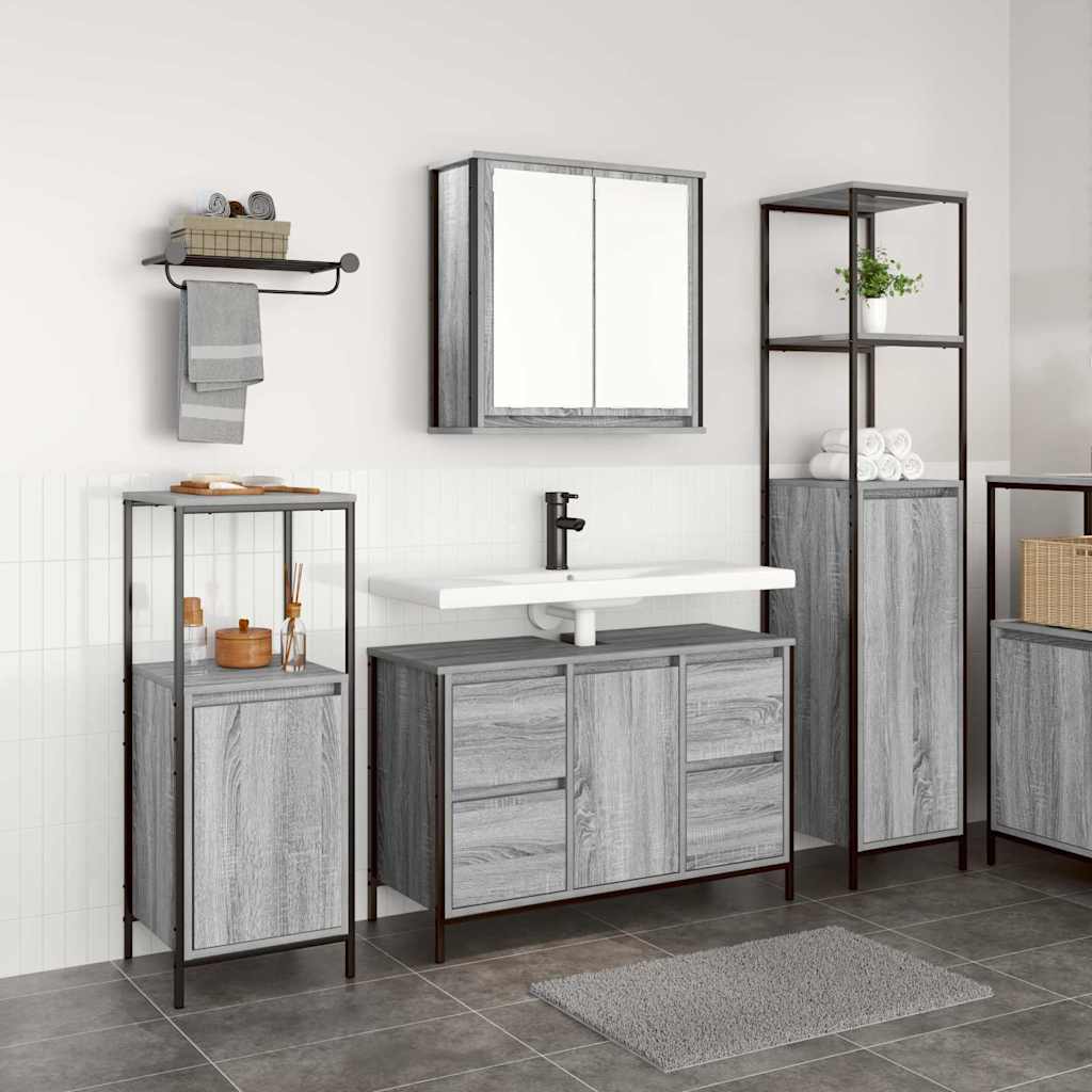 Bathroom Furniture Set 2 pcs and Black Grey sonoma Basin cabinet +2x bathroom cabinet