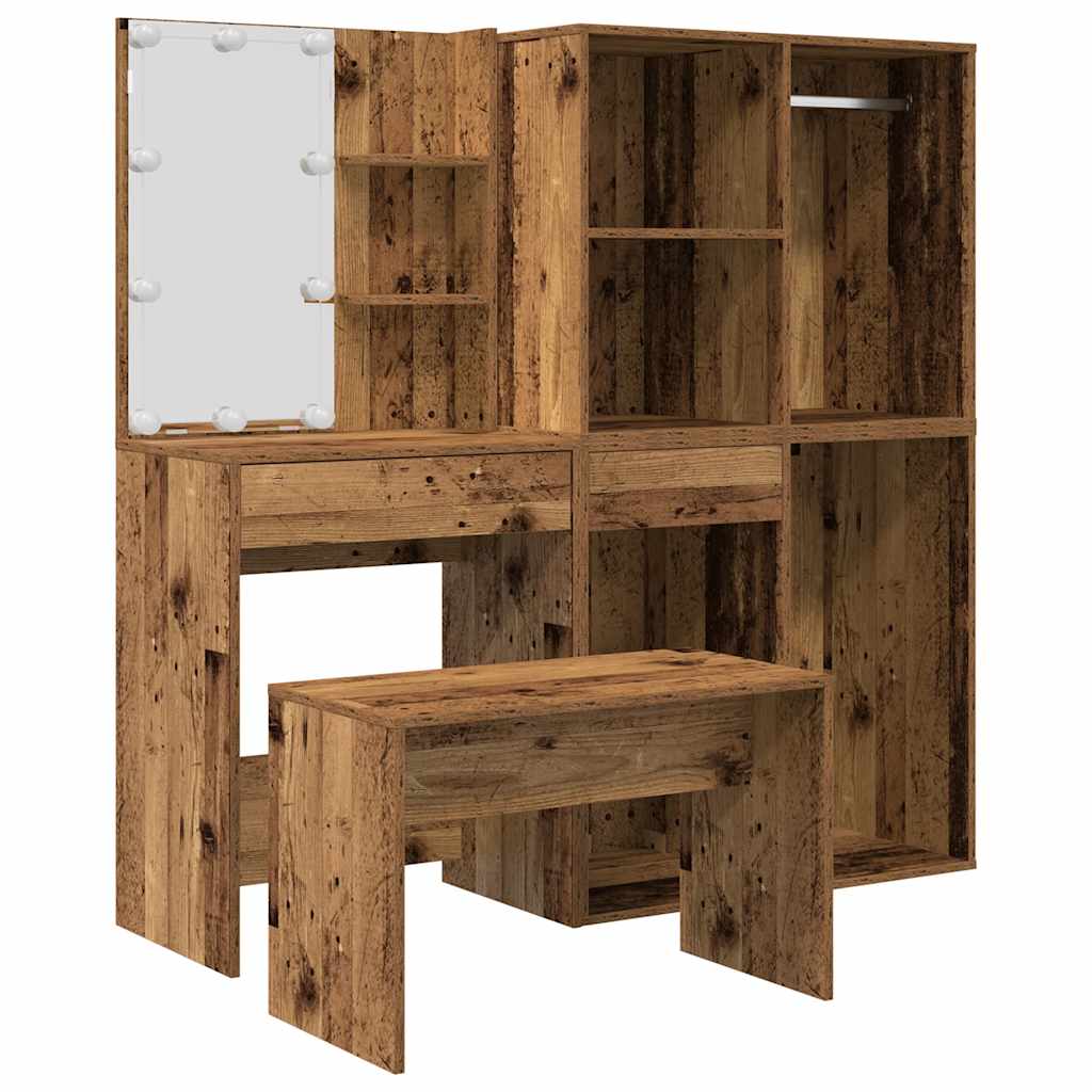 vidaXL Dressing Table Set with LED Old Wood Engineered Wood 2