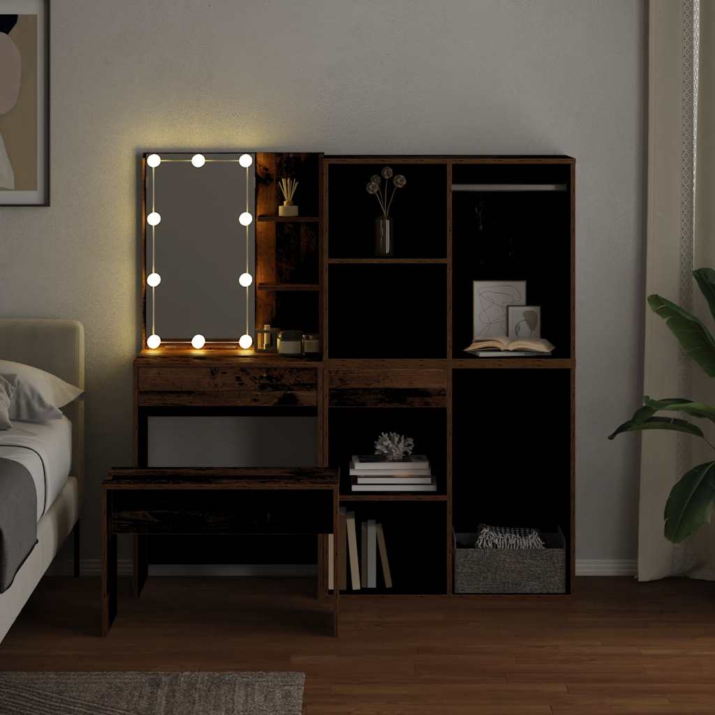 vidaXL Dressing Table Set with LED Old Wood Engineered Wood 4