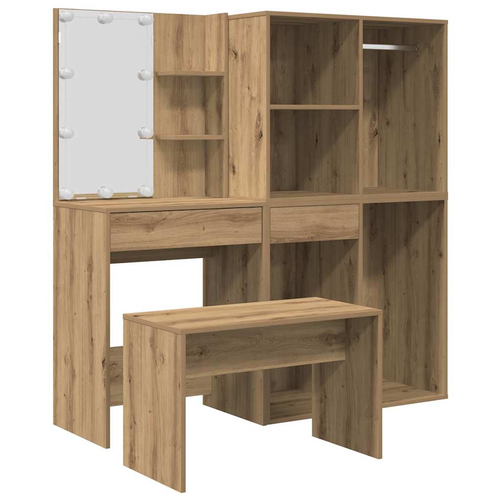 vidaXL Dressing Table Set with LED Artisan Oak Engineered Wood 2