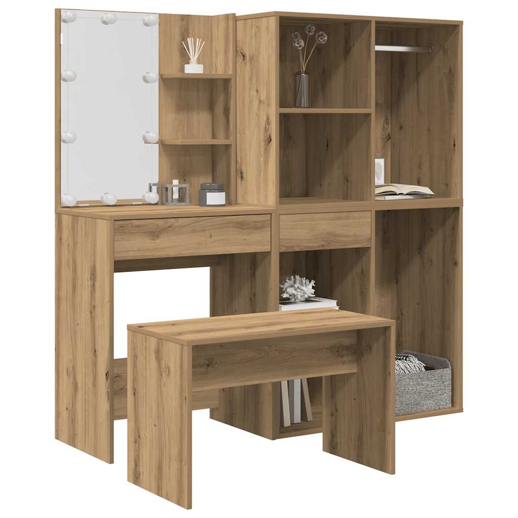 vidaXL Dressing Table Set with LED Artisan Oak Engineered Wood 1