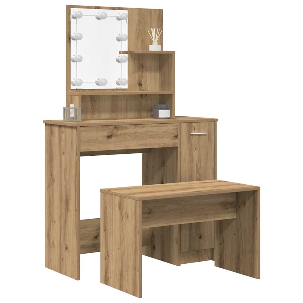 Dressing Table Set with LED Engineered Wood Depth 35 cm Old wood