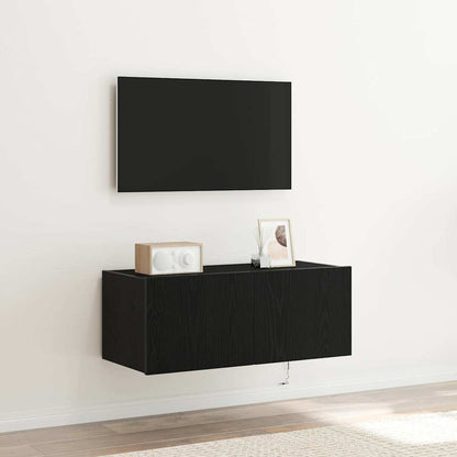 TV Wall Cabinet with LED Lights Width 80 cm Black oak 31 cm