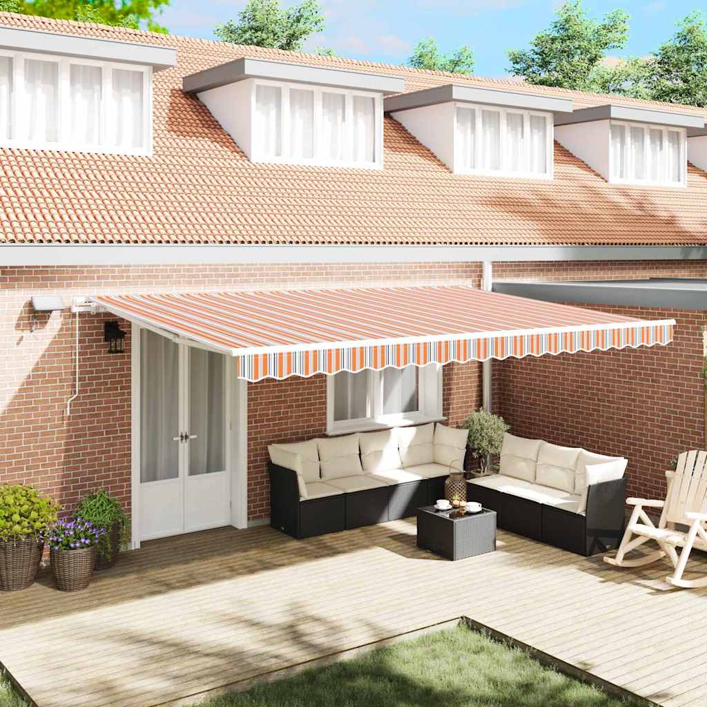 Manual Awning with Solar LED 5 x 3 m with White Frame Drop 300 cm Width 500 cm Orange/grey/blue/white